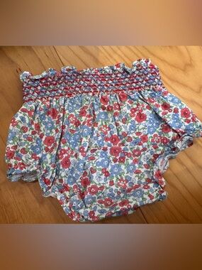 Girls Floral Smocked Bubble Shorts - Red & Blue